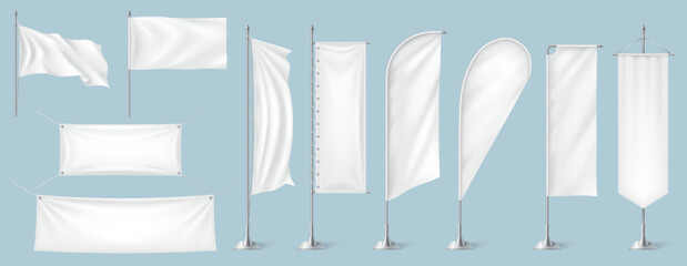 White blank textile desktop check box flags realistic vector illustration set. Fabric advertising banners of various shapes 3d models on blue background