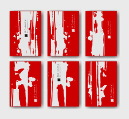 Red ink brush stroke on white background. Japanese style. Vector illustration grunge stains. Brushes illustration.