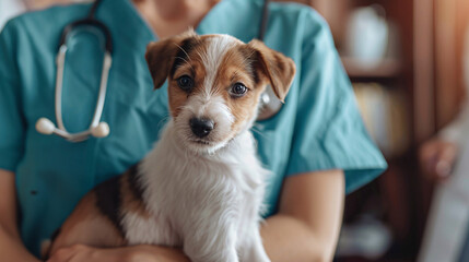 a vet holds a cute little puppy in her hands gently, providing tender care and comfort

