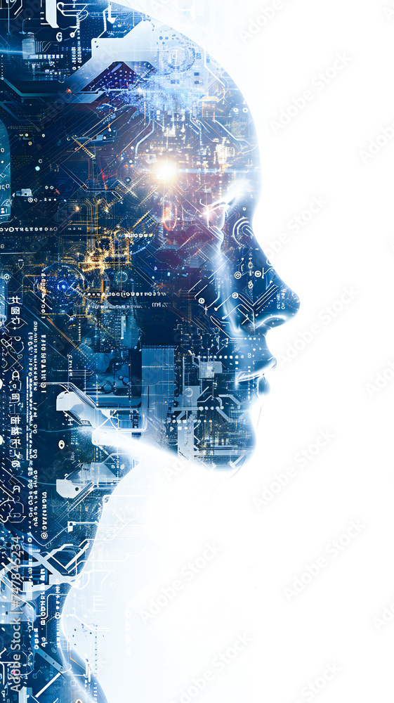 Poster a human head over intricate circuitry. artificial intelligence and human-computer integration concep