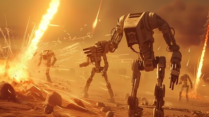 Futuristic battle robots advance through an explosive battlefield, amidst showers of sparks and debris. This intense scene depicts the chaos and drama of mechanized warfare. AI Generative