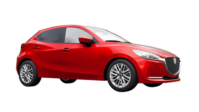 Madrid. Spain. February 28, 2024. Mazda 2 2021 red compact city car on a white background. 3d illustration.