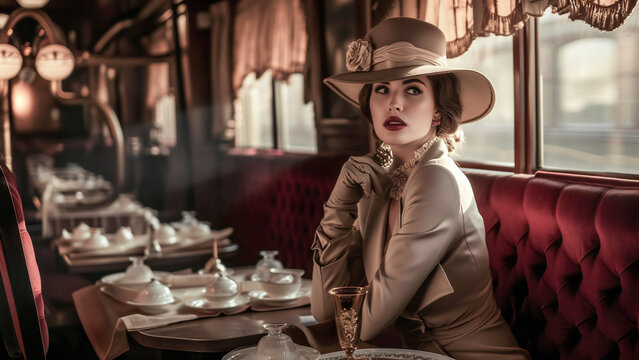 An elegant woman in the Orient Express train restaurant