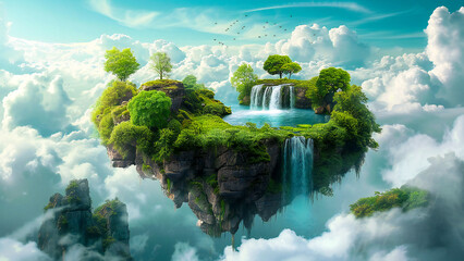 A beautiful green isle floating among clouds - obrazy, fototapety, plakaty