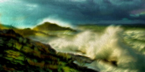 Photo painting, illustrated photo, with relief oil painting effect,  stormy sea in Cabo A Frouxeira, A Coruña, Galicia, Spain,