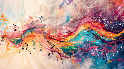 Show musical notes flowing from an instrument, transforming into colorful waves of sound and...