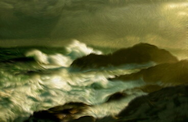 Photo painting, illustrated photo, with relief oil painting effect,  stormy sea in Cabo A Frouxeira, A Coruña, Galicia, Spain,