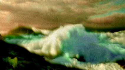 Photo painting, illustrated photo, with relief oil painting effect,  stormy sea in Cabo A Frouxeira, A Coruña, Galicia, Spain,