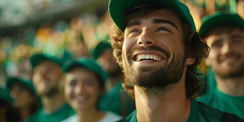 Excited spectators at the green-clad stadium: selective focus. Concept Sports Events, Stadium Atmosphere, Green Color Scheme, Spectator Excitement, Selective Focus