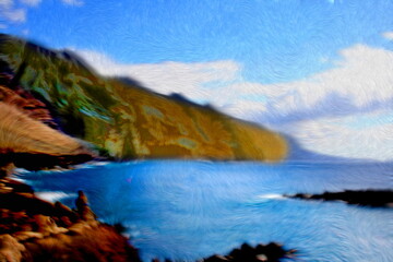 Photo painting, illustrated photo, with relief oil painting effect, view of Los Gigantes cliffs, Tenerife, Canary Islands, Spain,