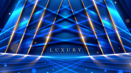 Luxury blue stage background with golden line scene decoration and neon light effect with bokeh elements. Modern art elegant dark backdrop.
