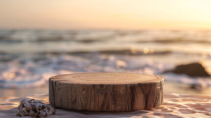 Wooden podium for product placement on the golden hour beach background