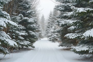 A snow-covered road winds through a pristine winter landscape, lined with towering pine trees, Snow clinging to an alley of conifer trees during winter, AI Generated