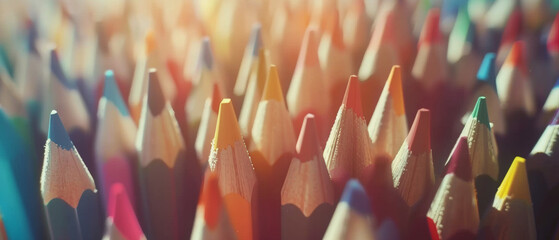 Array of colored pencils tips creating a vibrant textured backdrop. - Powered by Adobe