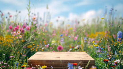 thin wooden podium for product placement on the colorful meadow full of wildflowers background