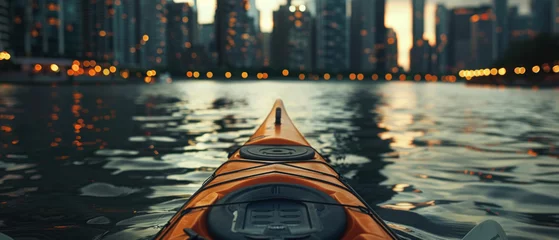 Foto op Plexiglas Kayak adventure through tranquil city waters at golden hour. © Ai Studio