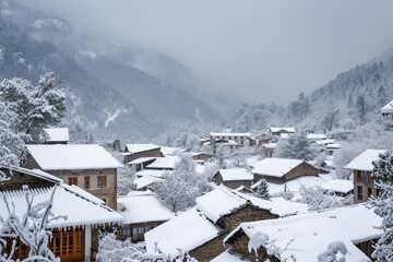A photo capturing a charming village nestled amidst snow-covered peaks, with houses and buildings covered in pristine white snow, Snow-covered rooftops of a tranquil mountain village, AI Generated