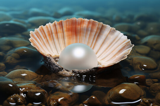 Pearl in an oyster shell underwater on the seabed.