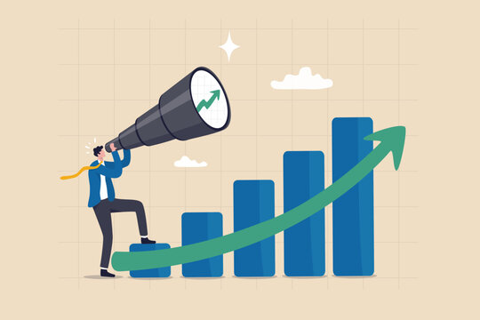 Economic growth forecast, GDP prediction or business vision to grow investment or business, increase profit or earning improvement concept, businessman look on telescope on growth chart diagram.