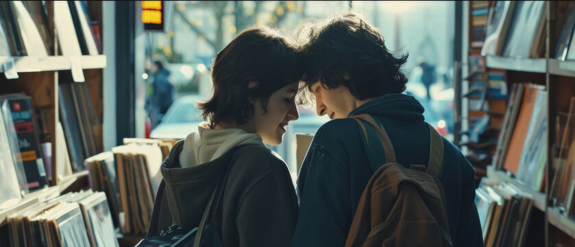 Tender moment shared between two people amidst the bookshelves.