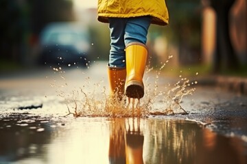 child in a yellow rubber boots jumping through puddles. 