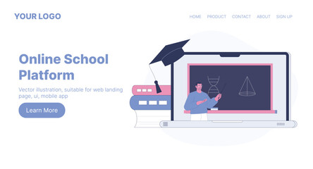 Online School Platform. Web Landing Page Design. Flat Cartoon Vector Illustration. Vector illustration, suitable for web landing page, ui, mobile app.
