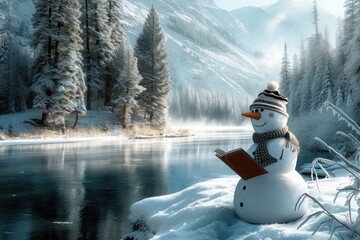 Obraz premium A snowman is sitting in the snow, reading a book, Snowman reading a book by a frozen lake, surrounded by pine trees, AI Generated