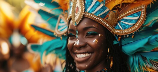Amidst the carnival's jubilant atmosphere, a masked reveler dazzles with feathers, glitter, and beads, exuding infectious excitement