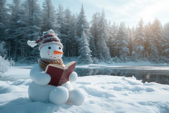 A snowman sits in the snow holding a book in its twig arms, Snowman reading a book by a frozen lake, surrounded by pine trees, AI Generated