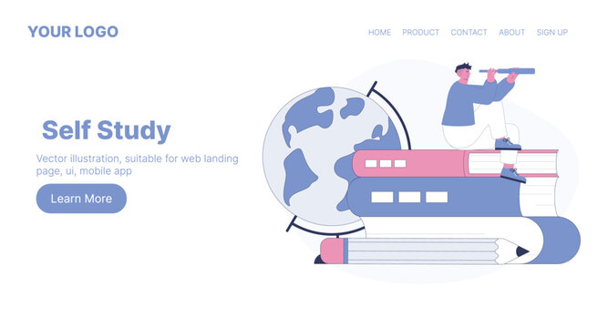 Self Study. Web Landing Page Design. Flat Cartoon Vector Illustration. Vector illustration, suitable for web landing page, ui, mobile app.