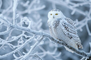 A snowy owl, with its white feathers camouflaged against the snowy backdrop, perched gracefully on a tree branch, Snowy owl resting on a frosty branch, AI Generated