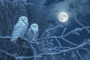 Two owls perched on a tree branch against the backdrop of a full moon, illuminated by its soft light, Snowy owls perching on frost-covered branches under the moonlight, AI Generated