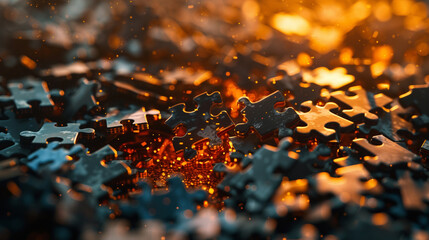 Visualize puzzle pieces falling into place, each piece illuminating, representing the clarity of a newly formed idea