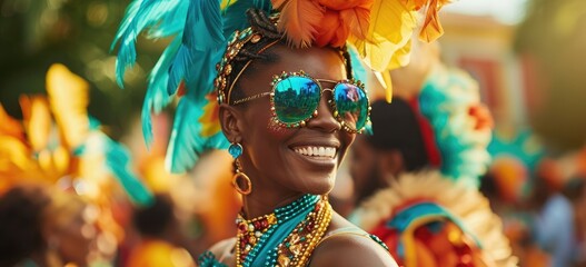 In a whirl of color and festivity, a masked reveler bedecked in feathers, glitter, and beads ignites the carnival with palpable excitement - obrazy, fototapety, plakaty