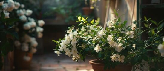 A potted plant featuring delicate white flowers, showcasing a stunning display of beauty indoors.