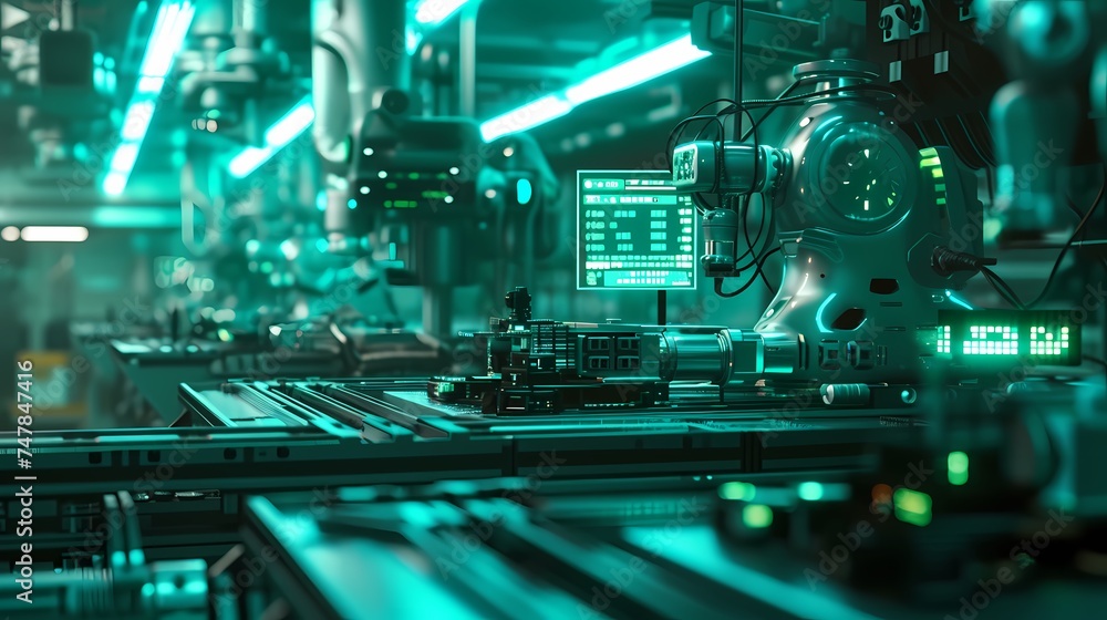 Poster a futuristic robot operates on a green-lit production line. this image portrays advanced automation 