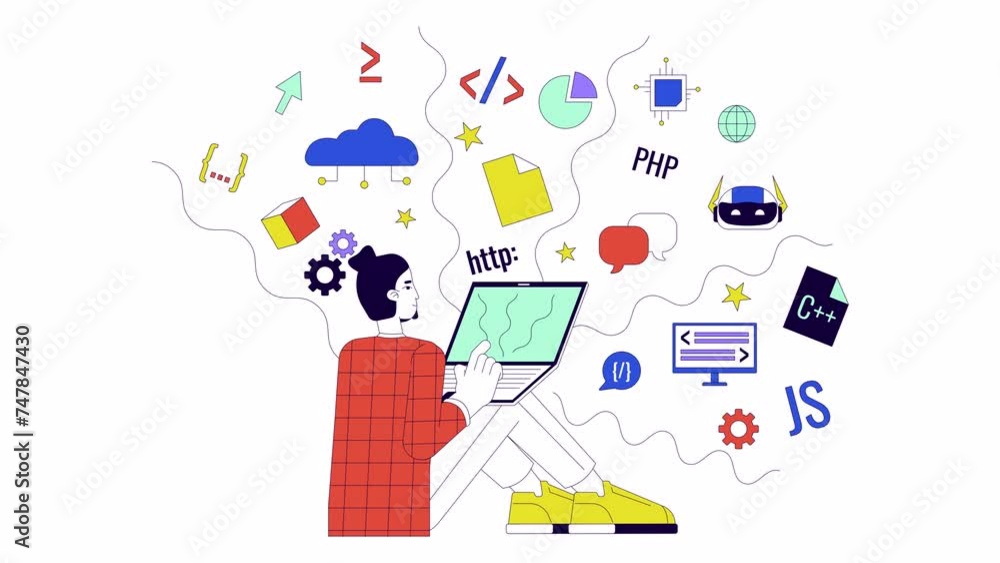 Poster male programmer at work line 2d character animation. software developer with laptop flat color carto