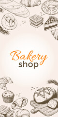 Vintage Bakery shop template banner background with bakery products in engraving style. hand drawn doodle sketch illustration for pastry shop, bakery house, menu design, packaging.