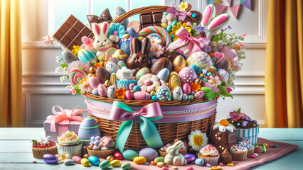 Decorative Easter Treat Basket. richly decorated Easter basket brimming with colorful treats and confections, symbolizing festive abundance. basket filled with a variety of Easter goodie - 747847662