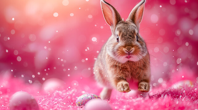 Cute bunny jumping and easter eggs on pink background. Concept of happy easter day. space for text