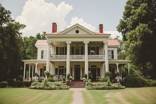 A photo of a spacious white house resting atop a vibrant green field, Southern belle wedding in an antebellum mansion, AI Generated