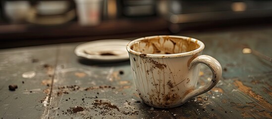 A dirty, empty coffee cup left abandoned on top of a wooden table. The neglect is evident in the coffee stains and grime, creating a somber scene. - obrazy, fototapety, plakaty
