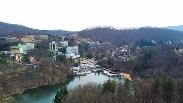 Aerial footage of the Sovata resort - Romania in early spring