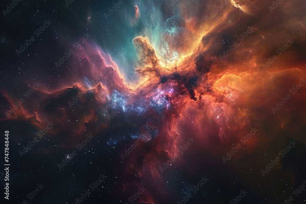 Poster a vibrant and dynamic scene of a space filled with stars and clouds, creating a mesmerizing celestia