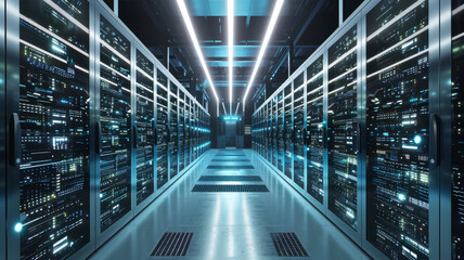 Rows of blue illuminated server racks, futuristic data centre corridor, high-tech facility for cloud computing and big data processing, concept of technology, cyber security, and information storage