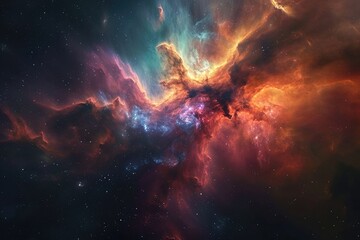 A vibrant and dynamic scene of a space filled with stars and clouds, creating a mesmerizing celestial display, Spacescape featuring a dynamic, color-rich nebula, AI Generated - obrazy, fototapety, plakaty