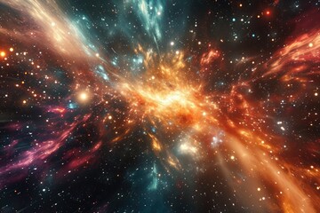 This photo captures a vibrant and vibrant space filled with countless stars scattered throughout, Spacetime rift in the middle of a cosmic void, AI Generated - obrazy, fototapety, plakaty