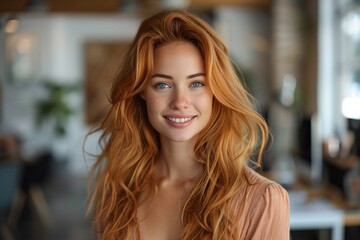Obraz premium Young Woman with Long Red Hair and Coral Blouse Stands Confidently in Office Setting
