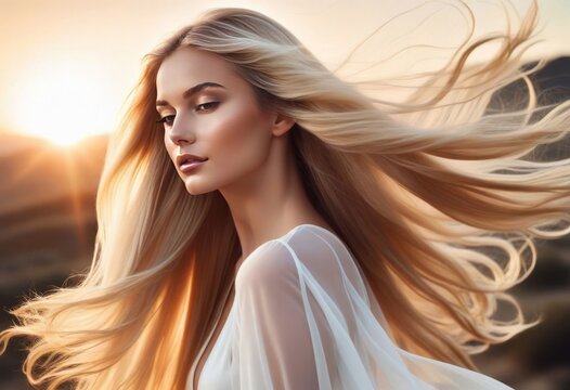 Wind flutters young girls hair