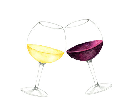 白ワインと赤ワインで乾杯　飲み物（お酒）の手描き水彩イラスト素材